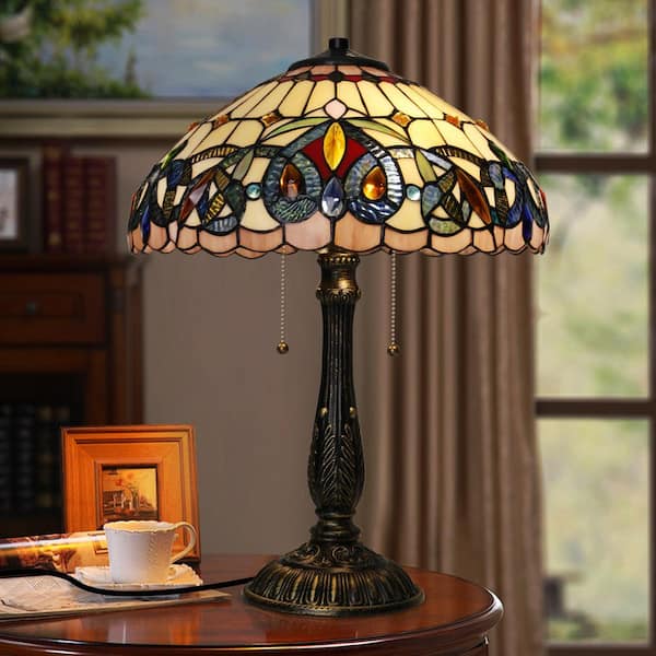 JC TOPA 22.8 in. 2-Light Round Tiffany Bedside Lamp with