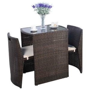 Brown 3-Piece Wicker Outdoor Dining Set with White Cushions