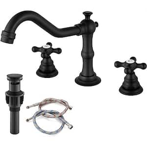 1-Piece Tub Accessories Set, 7.5 in. 3-Hole Matte Black Bathroom Sink Faucet with Pop-Up Drain 2-Handles