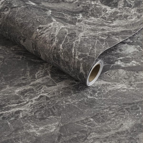 TUKTUK Elegant Marble Vinyl Peel & Stick Wallpaper Roll Self Adhesive Dark Gray Textured Contact Paper (cover 30.78 sq. ft. )