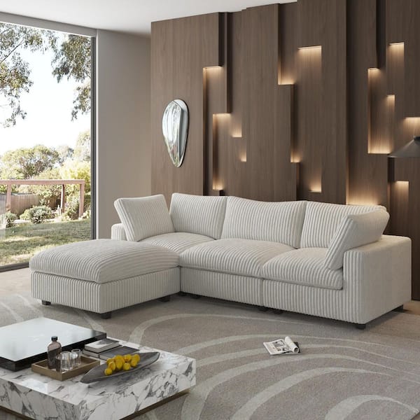 J&E Home 118.11 in. Rabbit Plush Fabric Square Arm 4-Piece L Shaped Modular Sectional Sofa in Beige with Ottoman