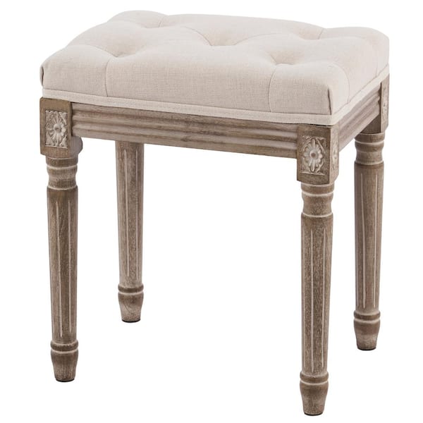 Merra 19 in. Beige Backless French Solid Wood Vintage Upholstered Vanity Short Stool with Vintage Carved Patterns
