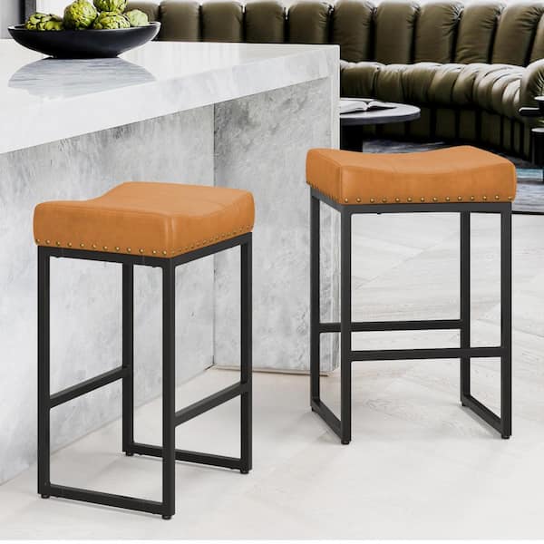 LUE BONA Modern 24 in. Metal Frame Whiskey Brown Bar Stools Set of 2-Counter Height Barstools