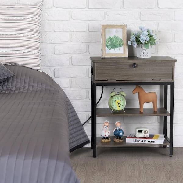 Oumilen 23.62 in. Gray Nightstand Narrow End Side Table with Storage Farmhouse Wood End Table with USB Ports and Power Outlets