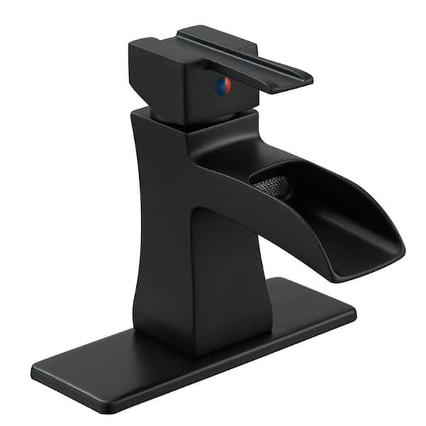 FORCLOVER Single-Handle Low-Arc Single Hole Waterfall Bathroom Faucet with Pop-Up Drain Assembly in Matte Black