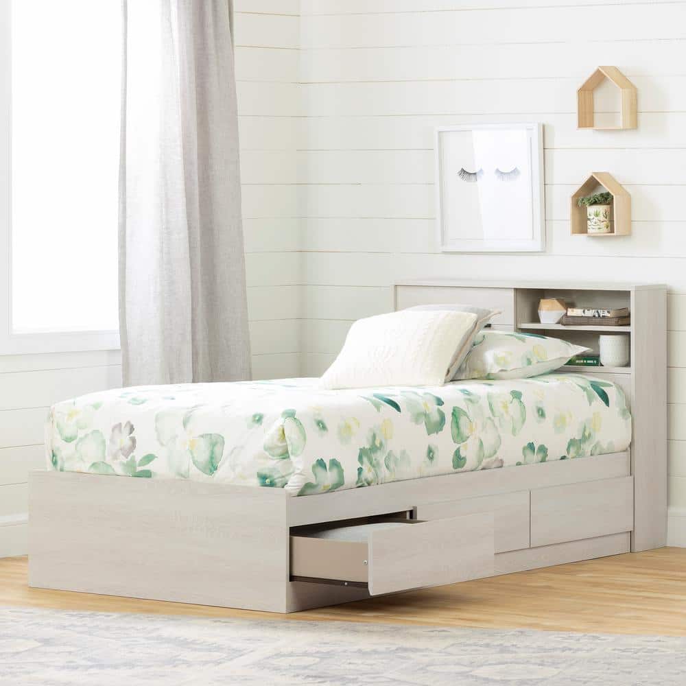 Winter Oak Twin Platform Bed with Storage and Headboard