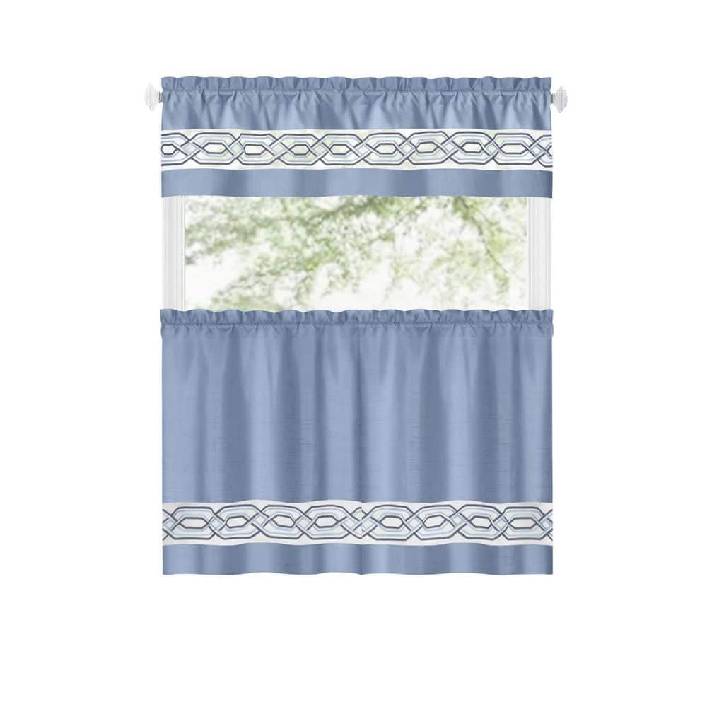 Blue Polyester Light-Filtering Tier and Valance Curtain Set, 55" x 24"