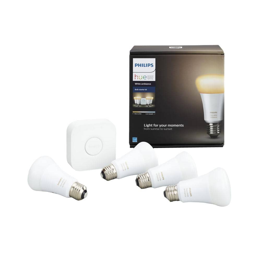 chirurg Lastig Vernauwd Philips Hue White Ambiance A19 LED 60W Equivalent Dimmable Smart Wireless  Light Bulb Starter Kit (4 Bulbs and Bridge) 530295 - The Home Depot