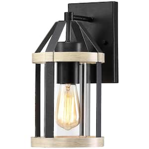 1-Light Distressed Black and Wood Tone Hardwired Outdoor Wall Lantern Sconce with Clear Glass Cylinder