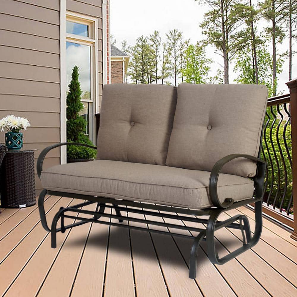 Beige Metal Outdoor Patio Rocking Love Seat Glider