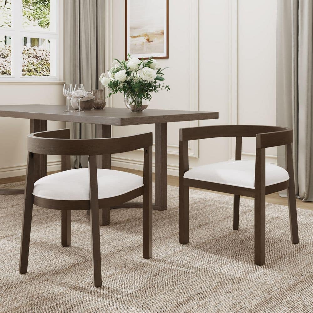 Beige Upholstered Wood Dining Chairs with Open-Back Design, Set of 2