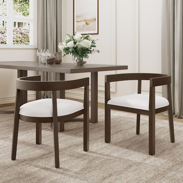 CHRISTOPHER KNIGHT HOME Caleb Beige Mid-Century Modern Polyester Upholstered Dining Chairs with Walnut Solid Wood Frame, Armrests (Set of 2)