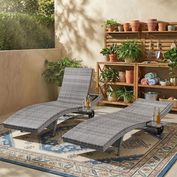 Grey Wicker Adjustable Outdoor Chaise Lounge Set of 2 with Wheels, Reclining Backrest and Pull-Out Side Table