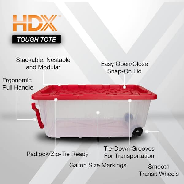 40 Gal. Tough Storage Tote with Wheels and Handle in Clear and Red