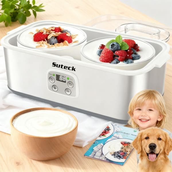 64 oz. (2 qt. ) LCD Display Yogurt Maker Machine with 2 Glass Jars with Adjustable Time and Temp Control in Silver