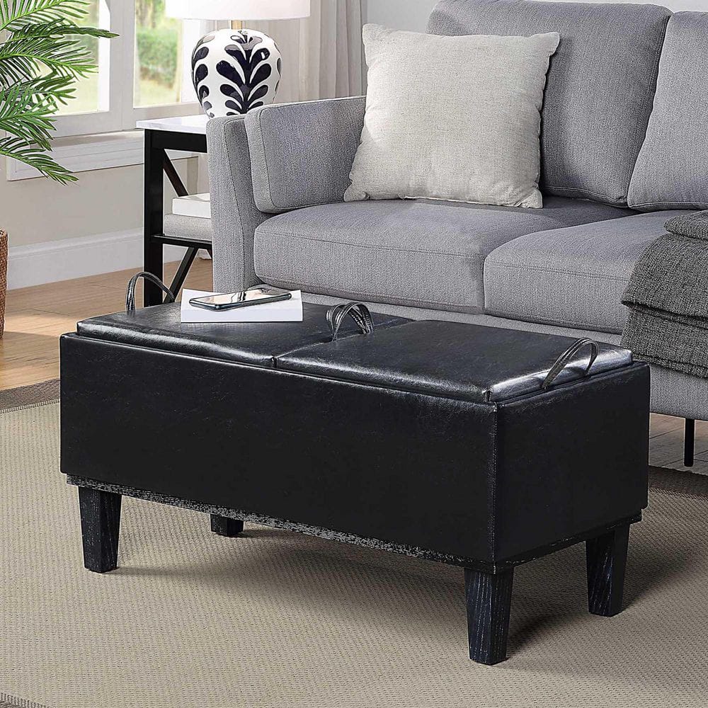 Brentwood Black Faux Leather Storage Ottoman with Reversible Trays