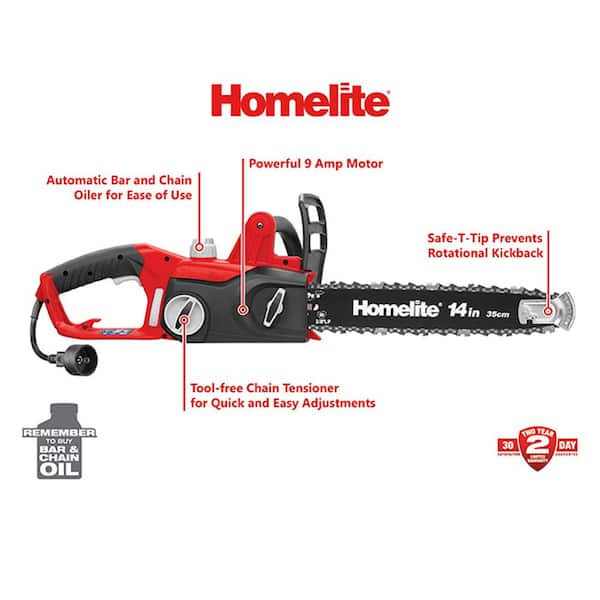 Homelite 14 Inch Electric Chain Saw 9 Amp Chainsaw Wood Cutter 2 Year Warranty 