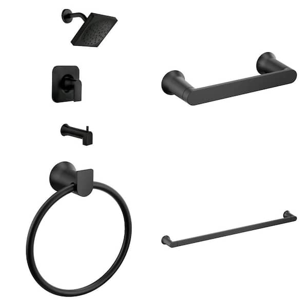 Genta Matte Black Tub/Shower Faucet (Valve Included), Toilet Paper Holder, Towel Ring, and 24 in. Towel Bar Combo