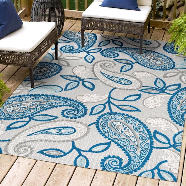JONATHAN Y Julien Paisley High-Low Blue/Light Gray 8 ft. x 10 ft. Indoor/Outdoor Area Rug