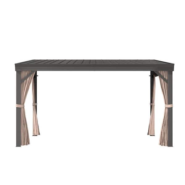 12 ft. x 14 ft. Outdoor Patio Aluminum Frame Lean-To Hardtop Gazebo with Galvanized Steel Roof, Curtains and Netting