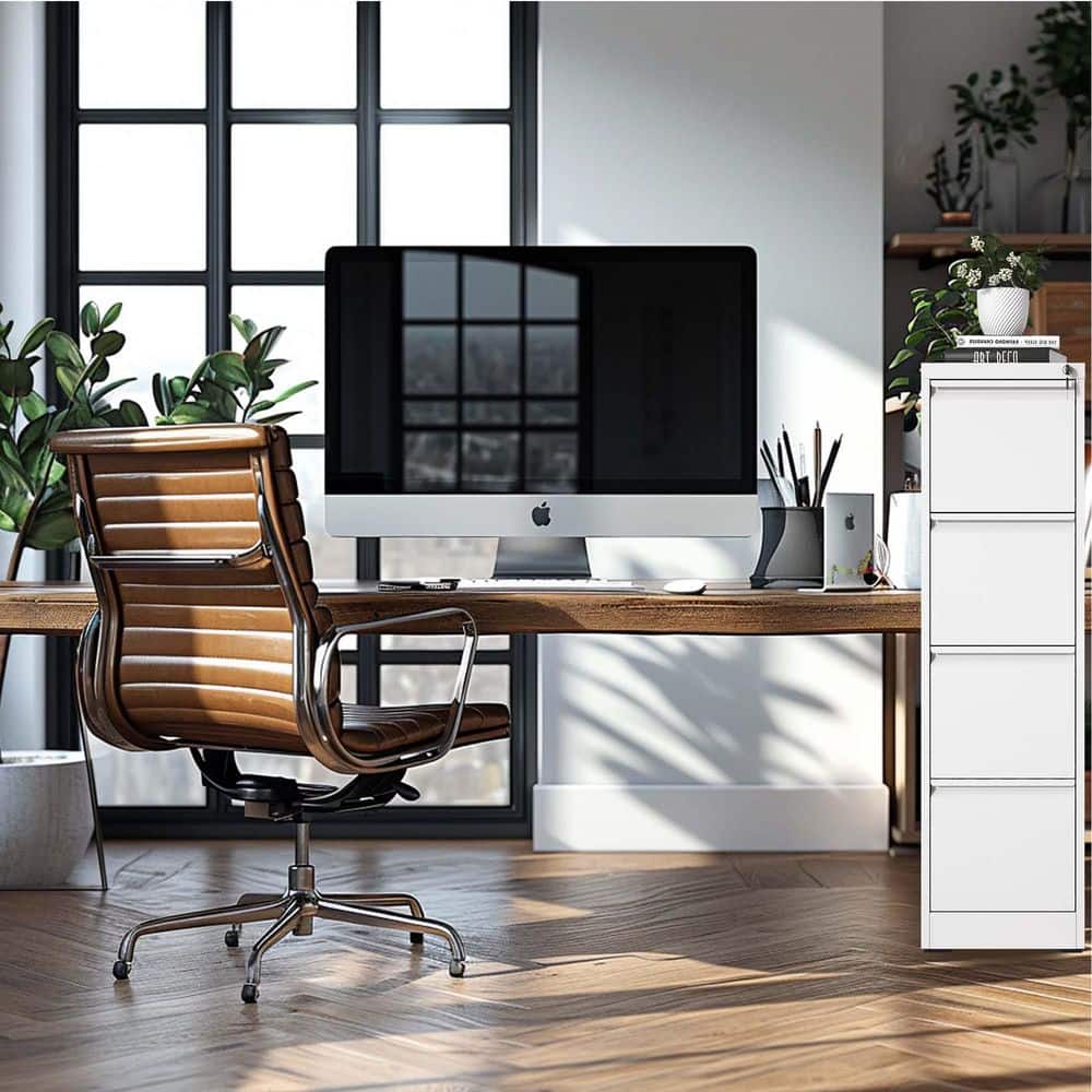 4-Drawer White Metal 15 in. W Vertical File Cabinet Storage Cabinet with Lock for Office Home