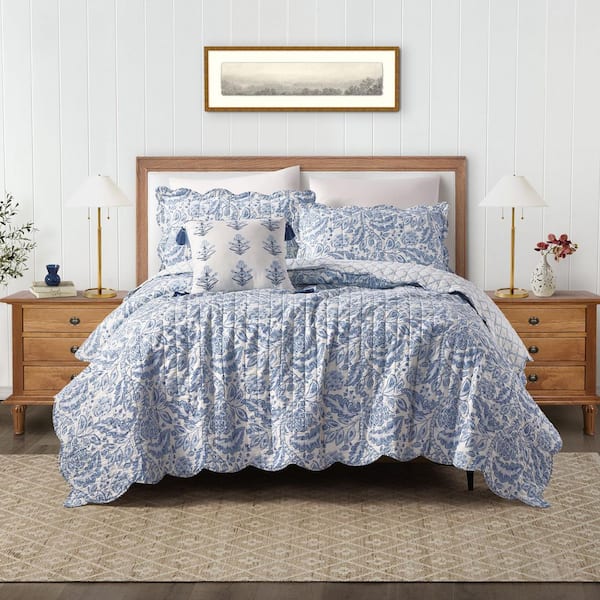 Peeples Song 3-Piece Blue Floral Cotton King Quilt Set