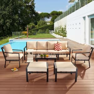 X-Back 9-Piece Metal Patio Conversation Seating Set with Beige Cushions