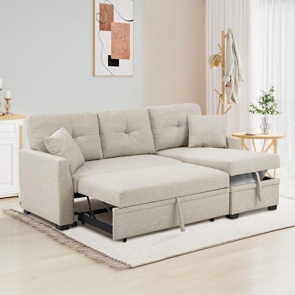 85 in. Modular Beige Polyester L-shaped Twin Size Sofa Bed with Storage
