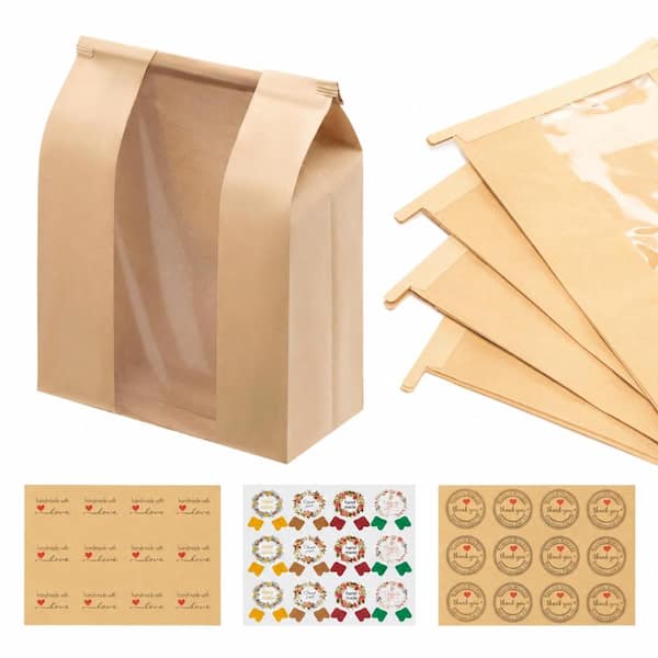 Kraft Paper Bread Bags with Tin Tie Lock, 14x8.3x3.5 in, 120 Pack with Clear Front Window Bread Packaging