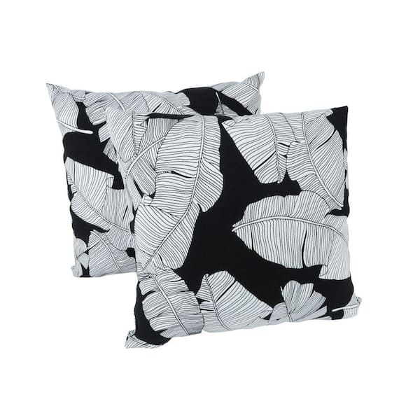 18. in Square Outdoor /Indoor Throw Pillows with Inserts, Decorative Pillow Covers Black with White leaf (2-Pack)