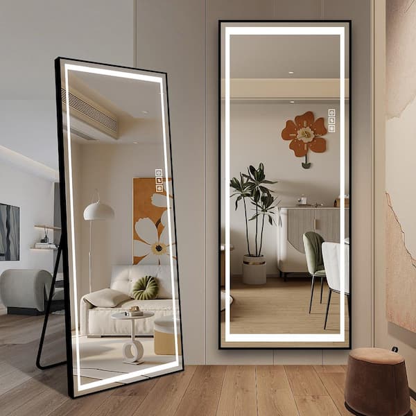 Unbranded 21 in. W x 65 in. H Rectangle Framed Black Full Length Mirror Floor Mirror Standing Dressing Mirror with LED Lights