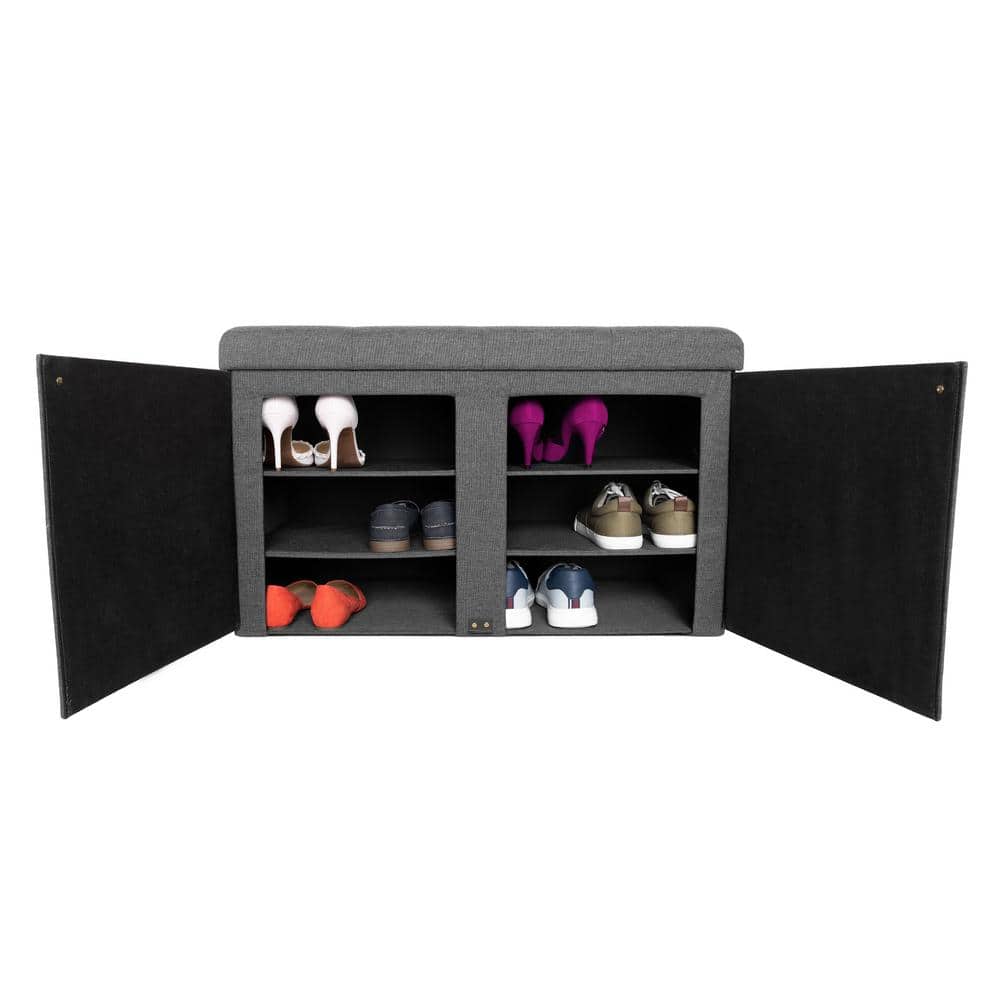 Modern Gray Tufted Ottoman Storage Bench with Adjustable Shoe Shelves