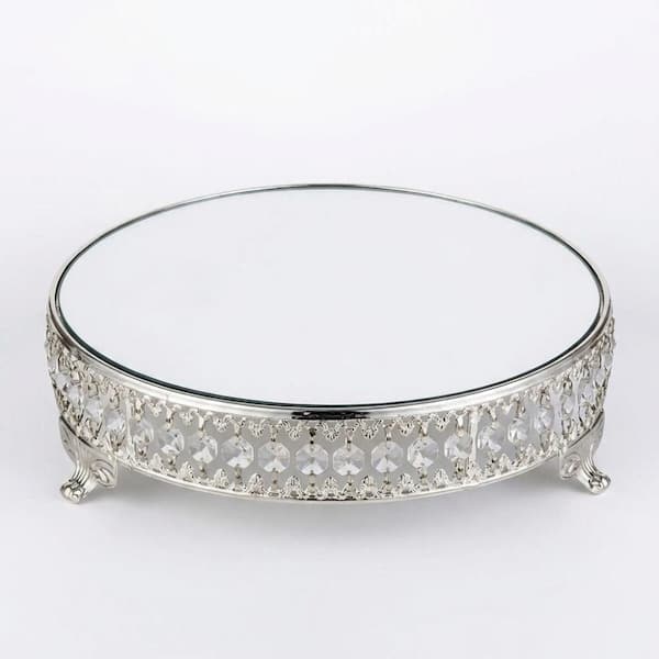 12 in. Diameter Single Tier Silver Metal Cake Stand with Mirror Top and Crystal Bead Accents