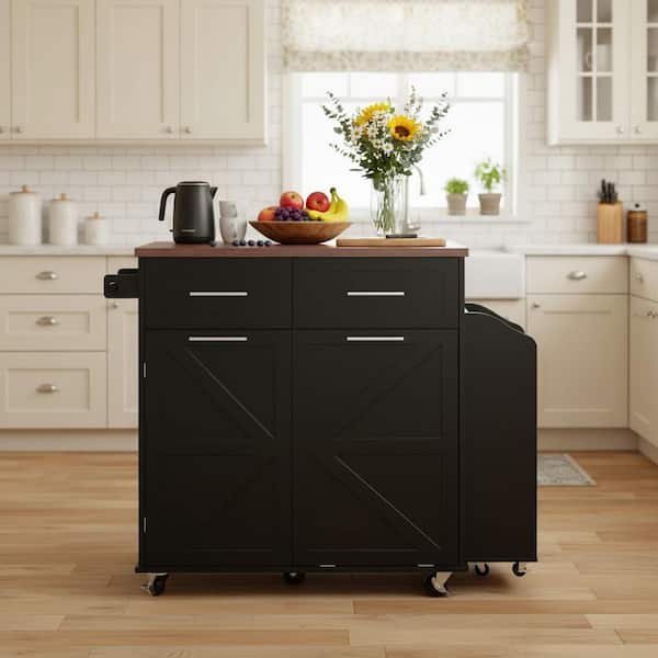 Black Wood 47.2 in. Farmhouse Kitchen Island with Removable Side Racks, Drop Leaf and Concealed Tilt Trash Can