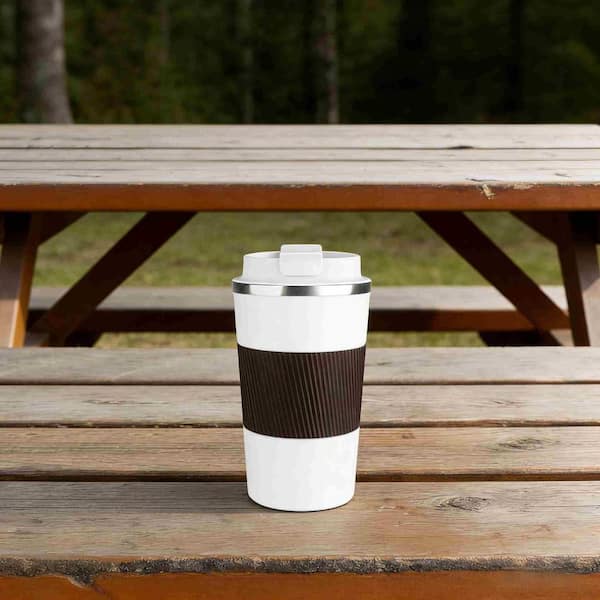 Wudkey 12 oz. Insulated Reusable White Stainless Steel Vacuum Travel Coffee Mug with Seal Lid for Outdoor Use