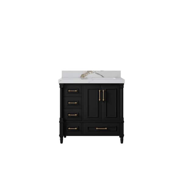 Willow Collections Hudson 36 in. W. x 22 in. D x 36 in. H Single Right Offset Sink Bath Vanity in Black with 2 in. Calcutta Gold Qt. Top
