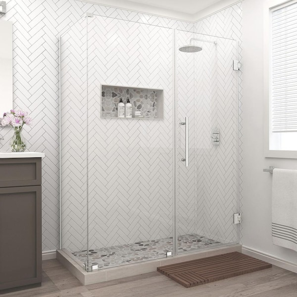 Aston Bromley 60.25 in. to 61.25 in. x 32.375 in. x 72 in. Frameless Corner Hinged Shower Enclosure in Stainless Steel