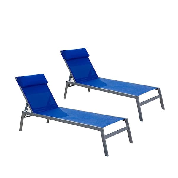 Cesicia 3-Pieces Blue Adjustable Backrest Pool Lounge Chairs Steel Textilene Sunbathing Recliner with Headrest