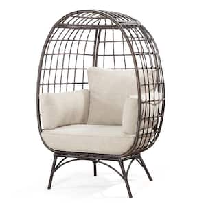 Brown Wicker PE Rattan Chair Steel Frame Outdoor Patio Egg Chair with Beige Cushion for Patio, Living Room