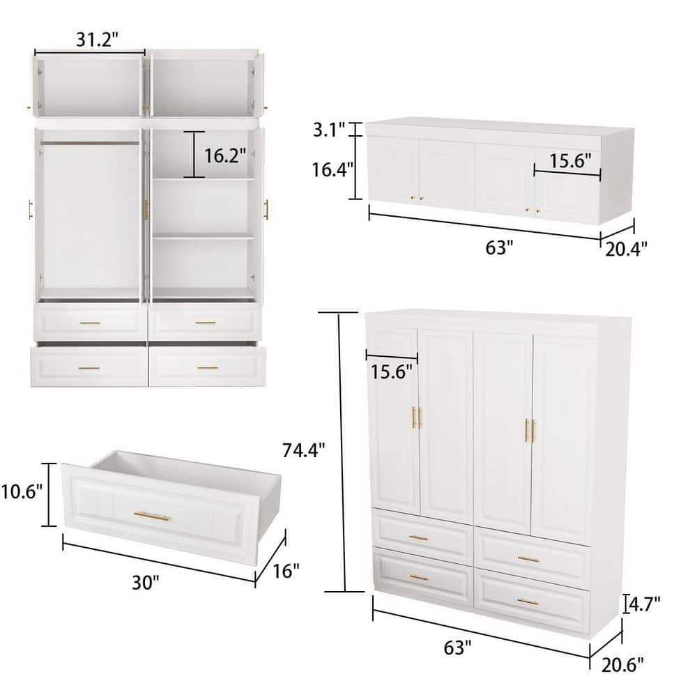 White 8-Door Big Wardrobe Armoires with Hanging Rod, 4-Drawers, Storage Shelves 93.9 in. H x 63 in. W x 20.6 in. D - thumbnail 3