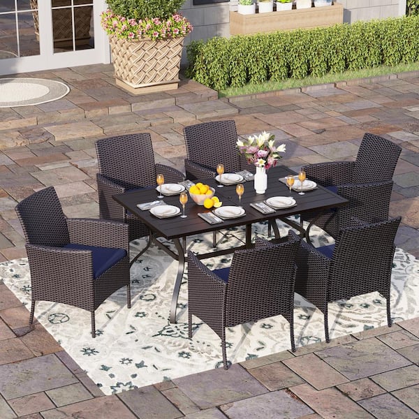 PHI VILLA Black 7-Piece Metal Patio Outdoor Dining Set with Slat Table and Rattan Chairs with Blue Cushion