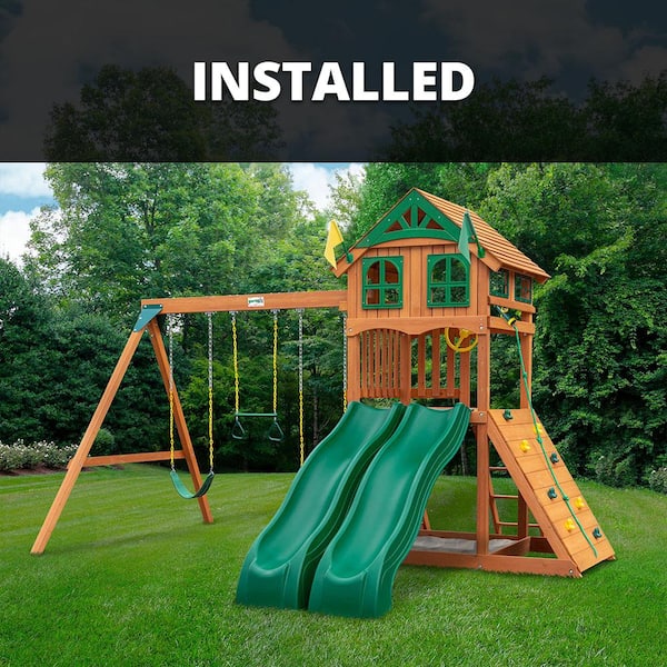 Gorilla Playsets Professionally Installed Outing Wooden Outdoor Playset with Wood Roof, 2 Slides, Rock Wall, and Swing Set Accessories