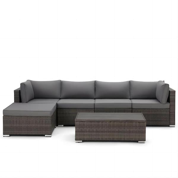 Miscool Brown 6-Piece Wicker Patio Conversation Sectional Seating Set with Beige Cushions and Pillows