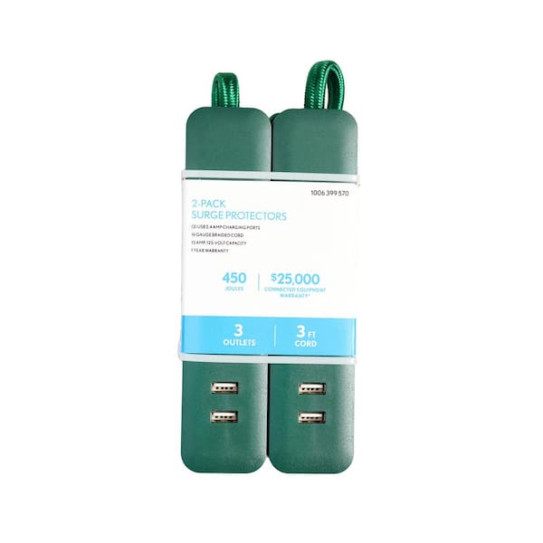 PRIVATE BRAND UNBRANDED - 3 ft. 3-Outlet 2-USB Surge Protector (2-Pack)