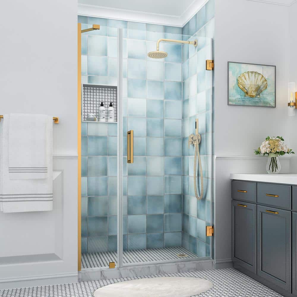 Belmore XL Frameless Hinged Shower Door with Clear Glass and Brushed Gold Finish