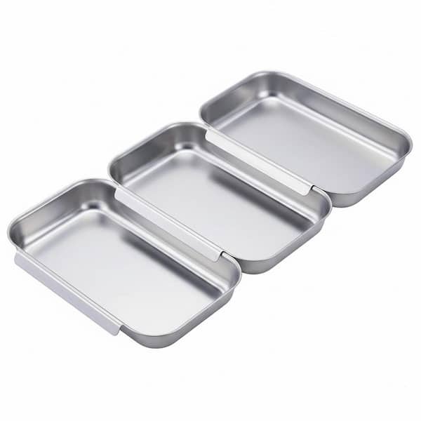 Silver Stainless Steel Kitchen Breading Tray Set with Interlocking Design and Easy Clean for Cooking and Serving, 3Pcs