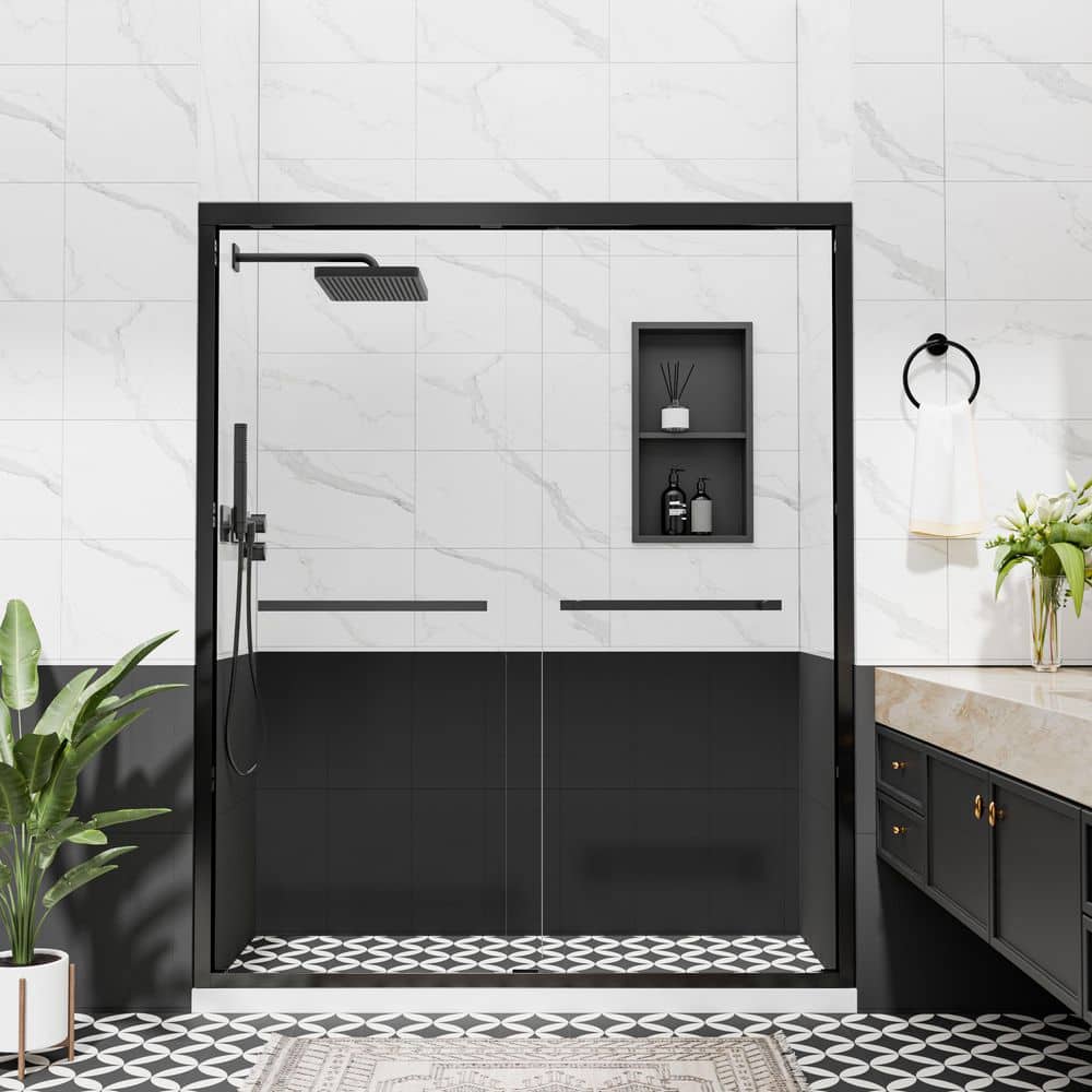 56-60 in. W x 72 in. H Double Sliding Framed Shower Door in Matte Black with Frosted Glass price history on PriceWatchPro