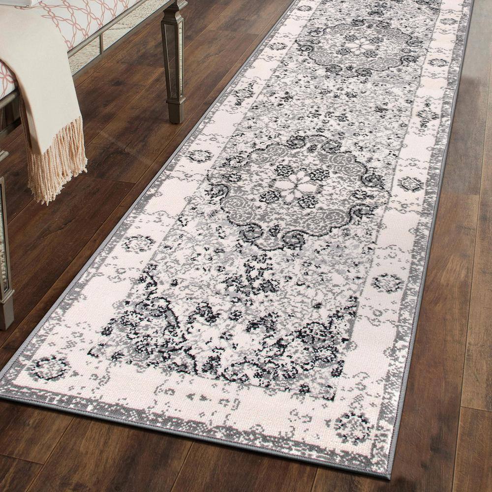 Gray Medallion Synthetic Easy Care Runner Rug