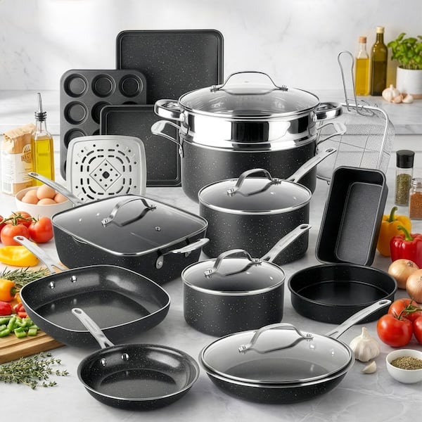 Ceraluxe 20-Piece Aluminum Ceramic Nonstick Cookware and Bakeware Set in Black