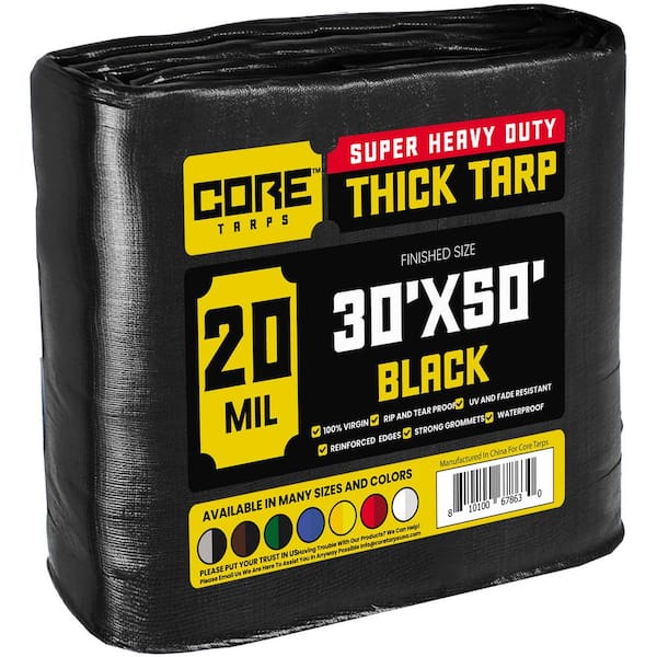CORE TARPS 30 ft. x 50 ft. Black 20 Mil Heavy Duty Polyethylene Tarp, Waterproof, UV Resistant, Rip and Tear Proof